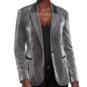 T TAHARI Silver Black Shimmer Lurex Metallic Iron Shine Blazer Jacket Size 12